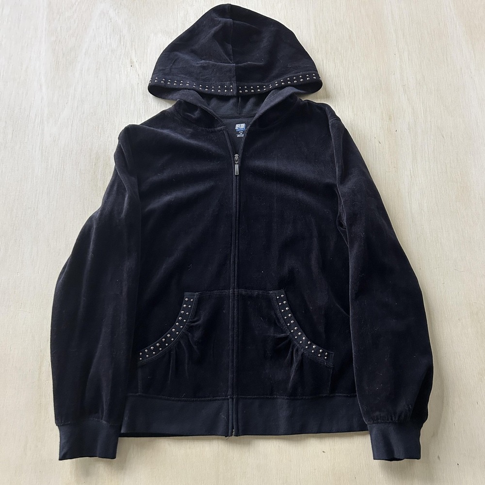 SJB Active Hoodie Womens Petite Large Black Velour Full Zip Studded Sweatshirt